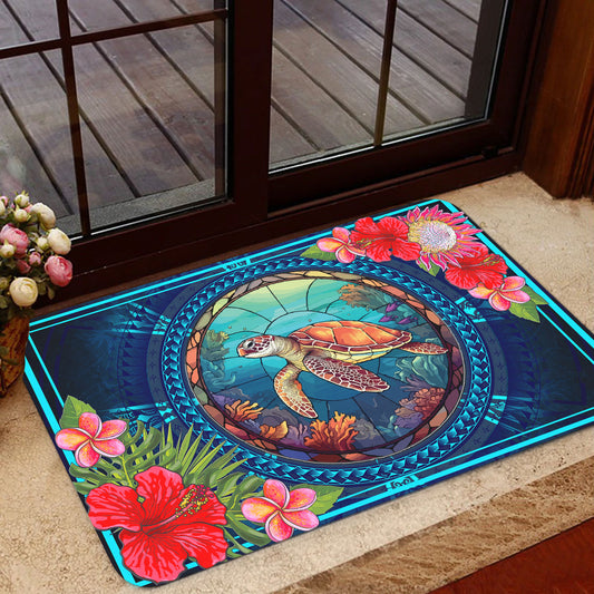 Hawaii Door Mat Polynesian Patterns Turtle Mascot WaterColor Style