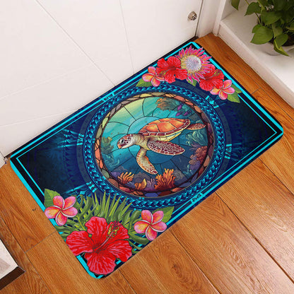 Hawaii Door Mat Polynesian Patterns Turtle Mascot WaterColor Style