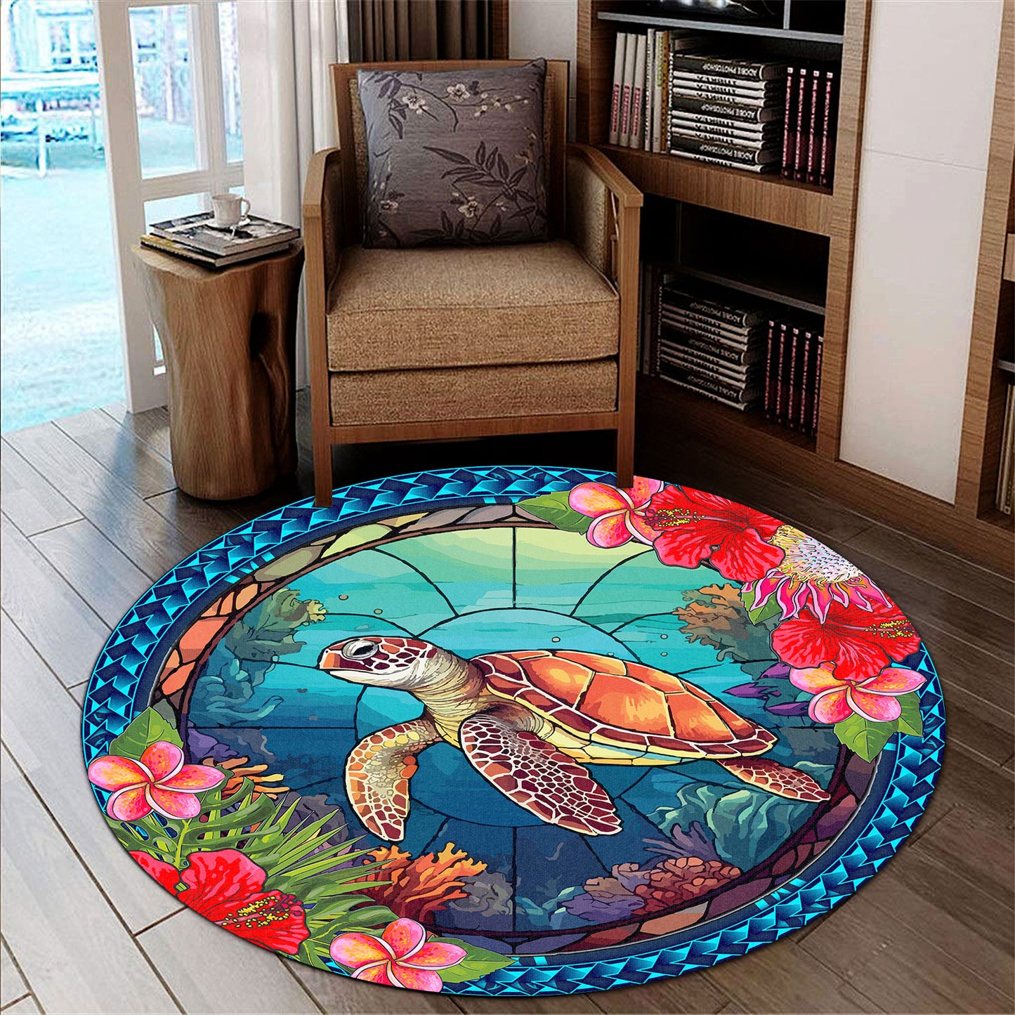 Hawaii Round Rug Polynesian Patterns Turtle Mascot WaterColor Style