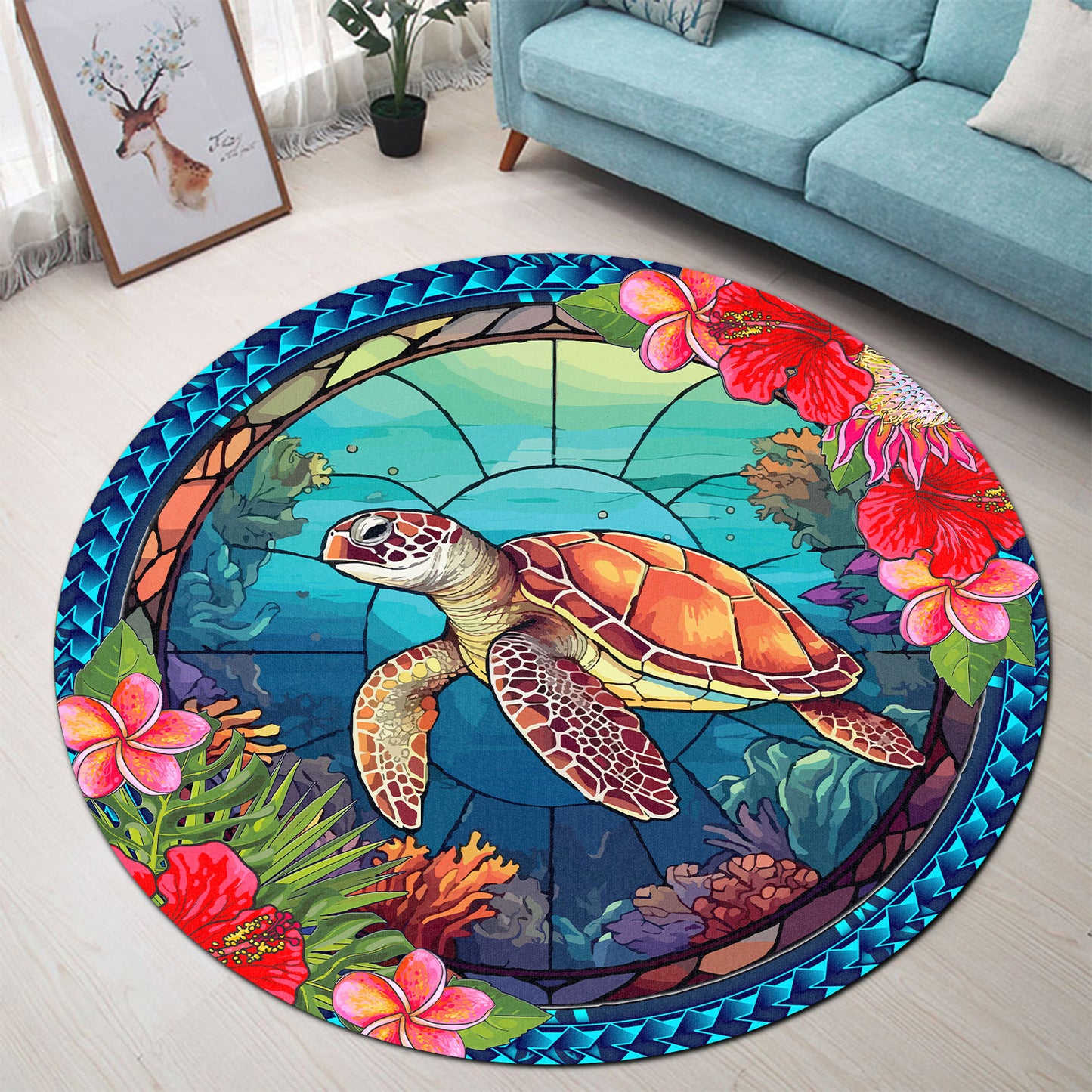 Hawaii Round Rug Polynesian Patterns Turtle Mascot WaterColor Style