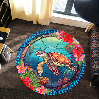 Hawaii Round Rug Polynesian Patterns Turtle Mascot WaterColor Style