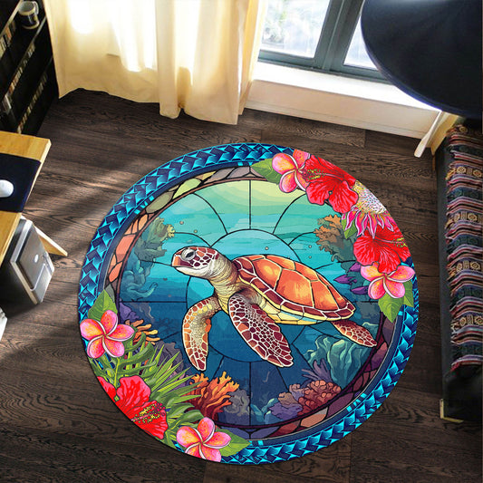 Hawaii Round Rug Polynesian Patterns Turtle Mascot WaterColor Style