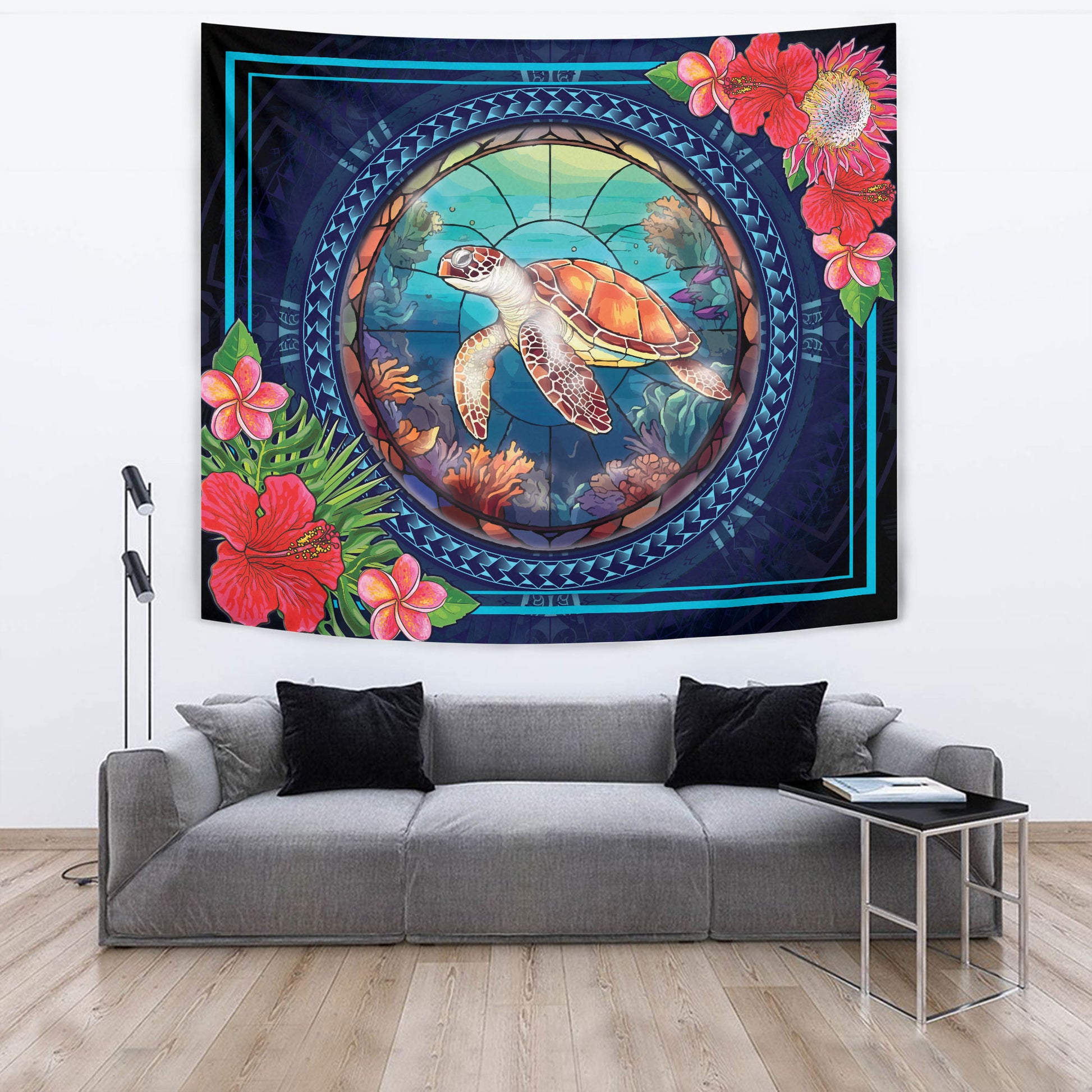 Hawaii Tapestry Polynesian Patterns Turtle Mascot WaterColor Style