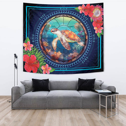 Hawaii Tapestry Polynesian Patterns Turtle Mascot WaterColor Style