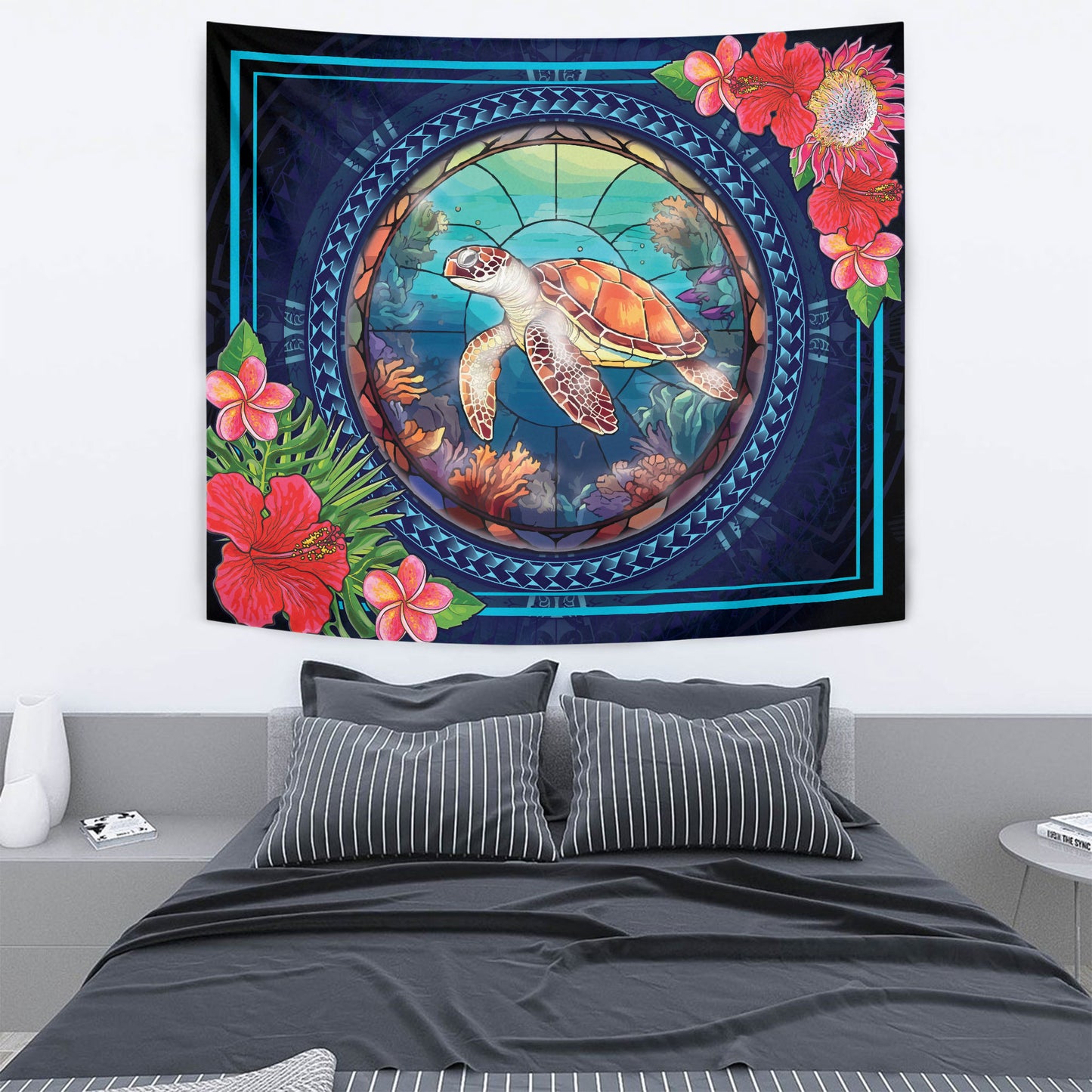 Hawaii Tapestry Polynesian Patterns Turtle Mascot WaterColor Style