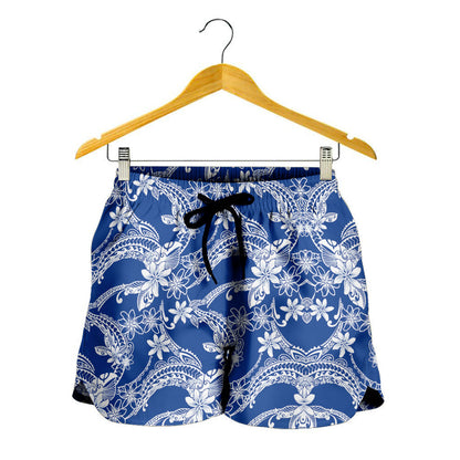 Hawaii Women Shorts Polynesian Print Fabric And Flower Blue