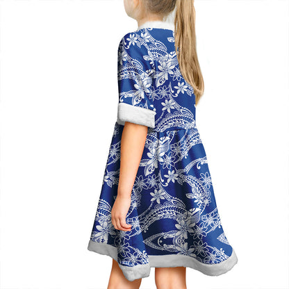 Hawaii Women and Kid Christmas Dress Polynesian Print Fabric And Flower Blue