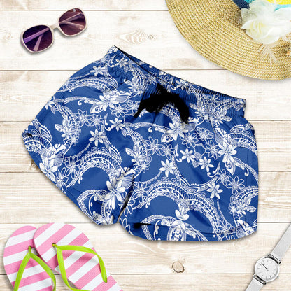 Hawaii Women Shorts Polynesian Print Fabric And Flower Blue