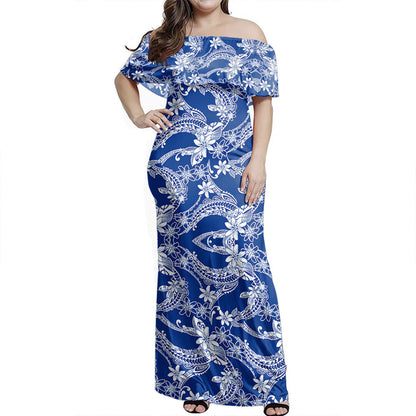 Polynesian Woman Off Shoulder Long Dress Polynesian Print Fabric And Flower