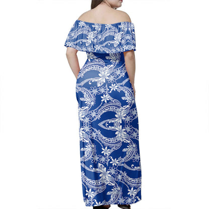 Polynesian Woman Off Shoulder Long Dress Polynesian Print Fabric And Flower