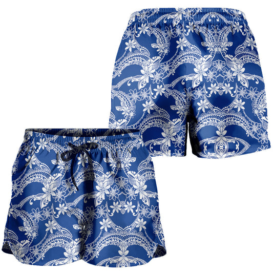 Hawaii Women Shorts Polynesian Print Fabric And Flower Blue