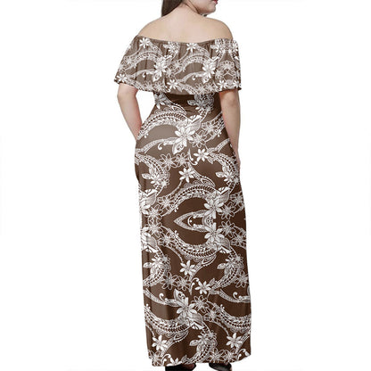 Polynesian Woman Off Shoulder Long Dress Polynesian Print Fabric And Flower