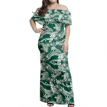 Polynesian Woman Off Shoulder Long Dress Polynesian Print Fabric And Flower