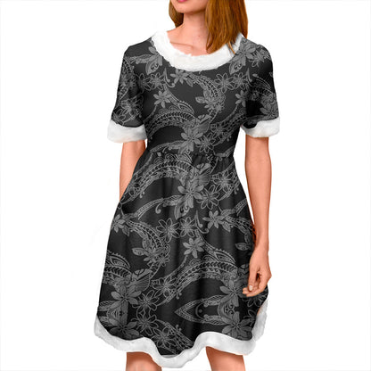 Hawaii Women and Kid Christmas Dress Polynesian Print Fabric And Flower Grey