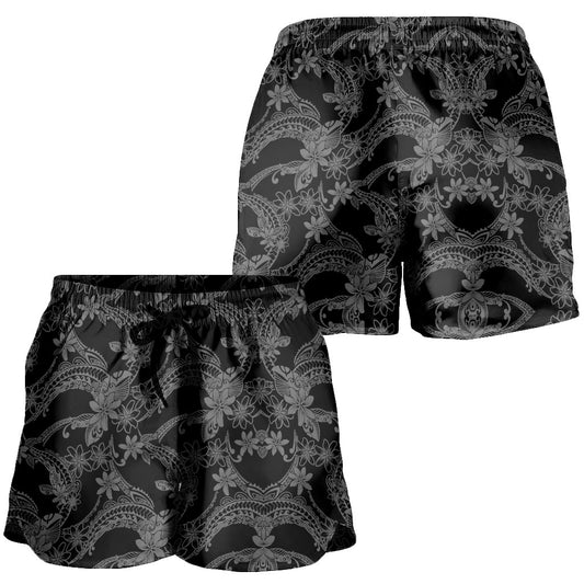 Hawaii Women Shorts Polynesian Print Fabric And Flower Grey