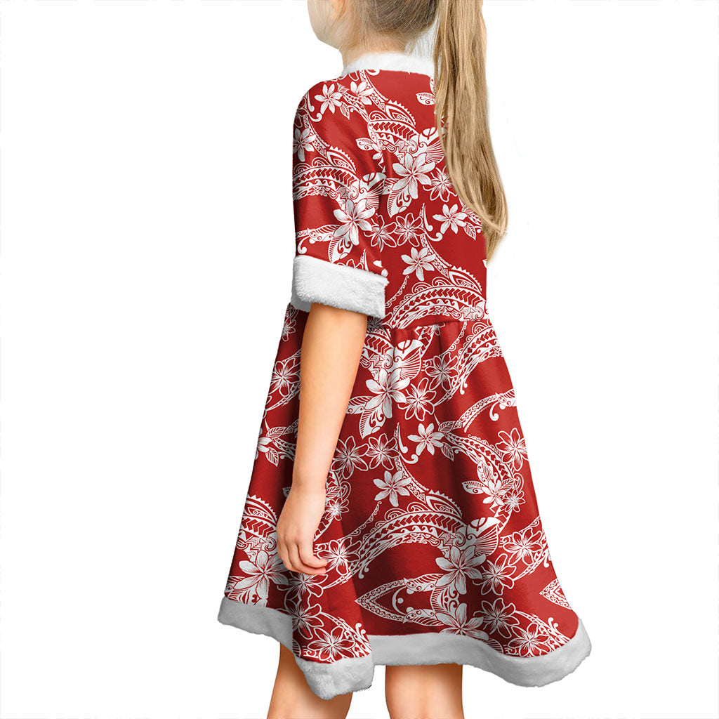 Hawaii Women and Kid Christmas Dress Polynesian Print Fabric And Flower Red