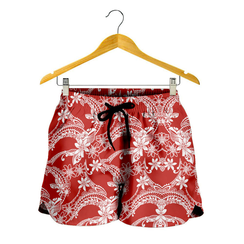 Hawaii Women Shorts Polynesian Print Fabric And Flower Red