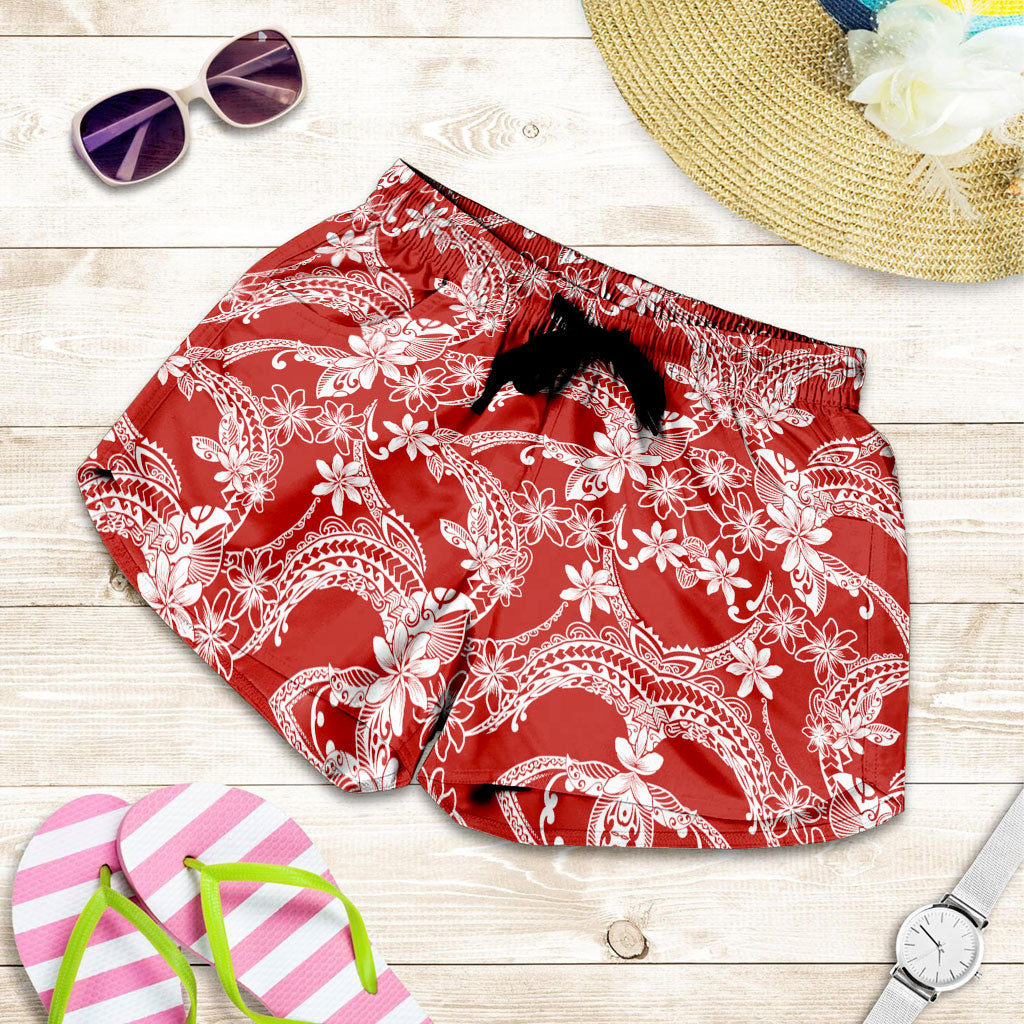 Hawaii Women Shorts Polynesian Print Fabric And Flower Red