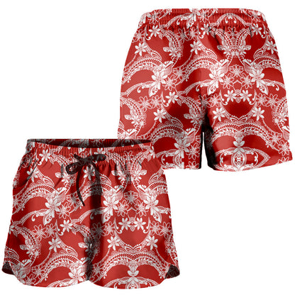 Hawaii Women Shorts Polynesian Print Fabric And Flower Red