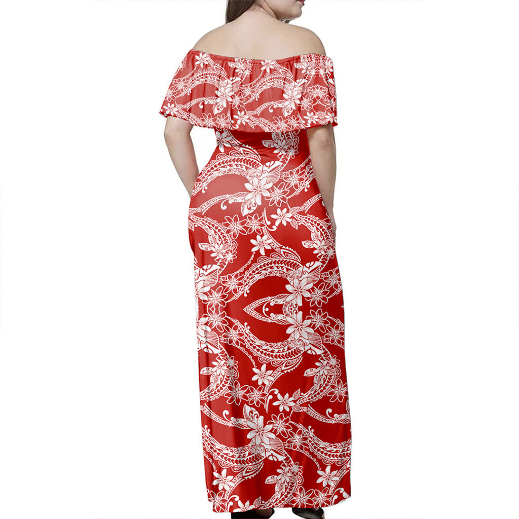 Polynesian Woman Off Shoulder Long Dress Polynesian Print Fabric And Flower