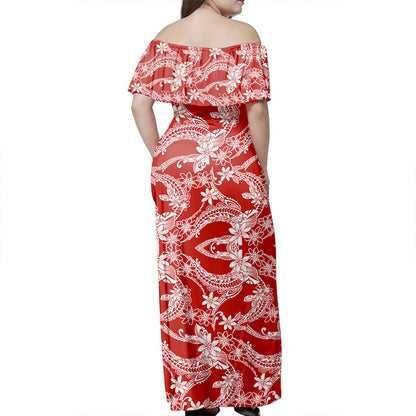Polynesian Woman Off Shoulder Long Dress Polynesian Print Fabric And Flower