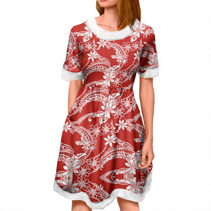 Hawaii Women and Kid Christmas Dress Polynesian Print Fabric And Flower Red