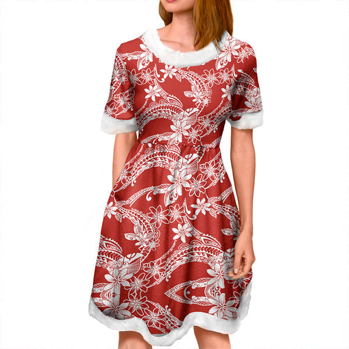 Hawaii Women and Kid Christmas Dress Polynesian Print Fabric And Flower Red
