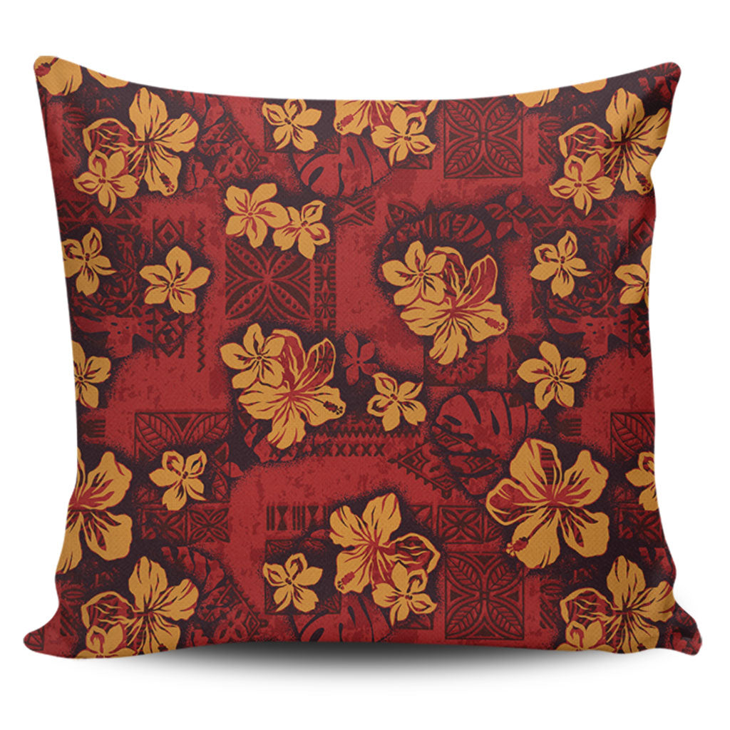 Hawaii Pillow Cover Polynesian Tribal And Hibiscus Vintage Red Gold