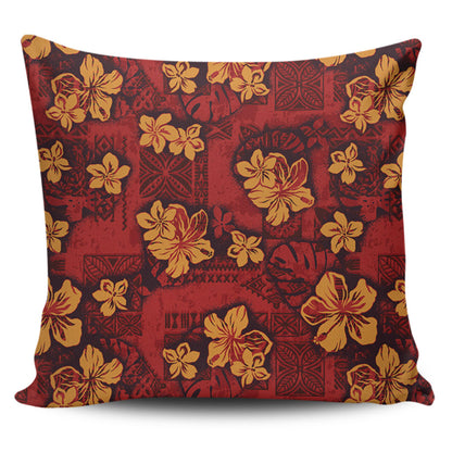 Hawaii Pillow Cover Polynesian Tribal And Hibiscus Vintage Red Gold
