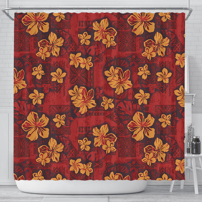 Hawaii Shower Curtain Polynesian Tribal And Hibiscus Vintage Red Gold