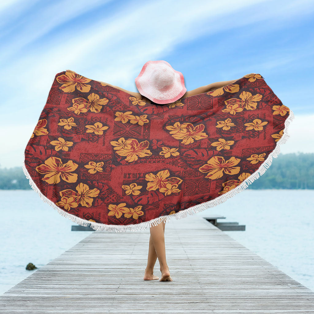 Hawaii Beach Blanket Polynesian Tribal And Hibiscus Vintage Red Gold