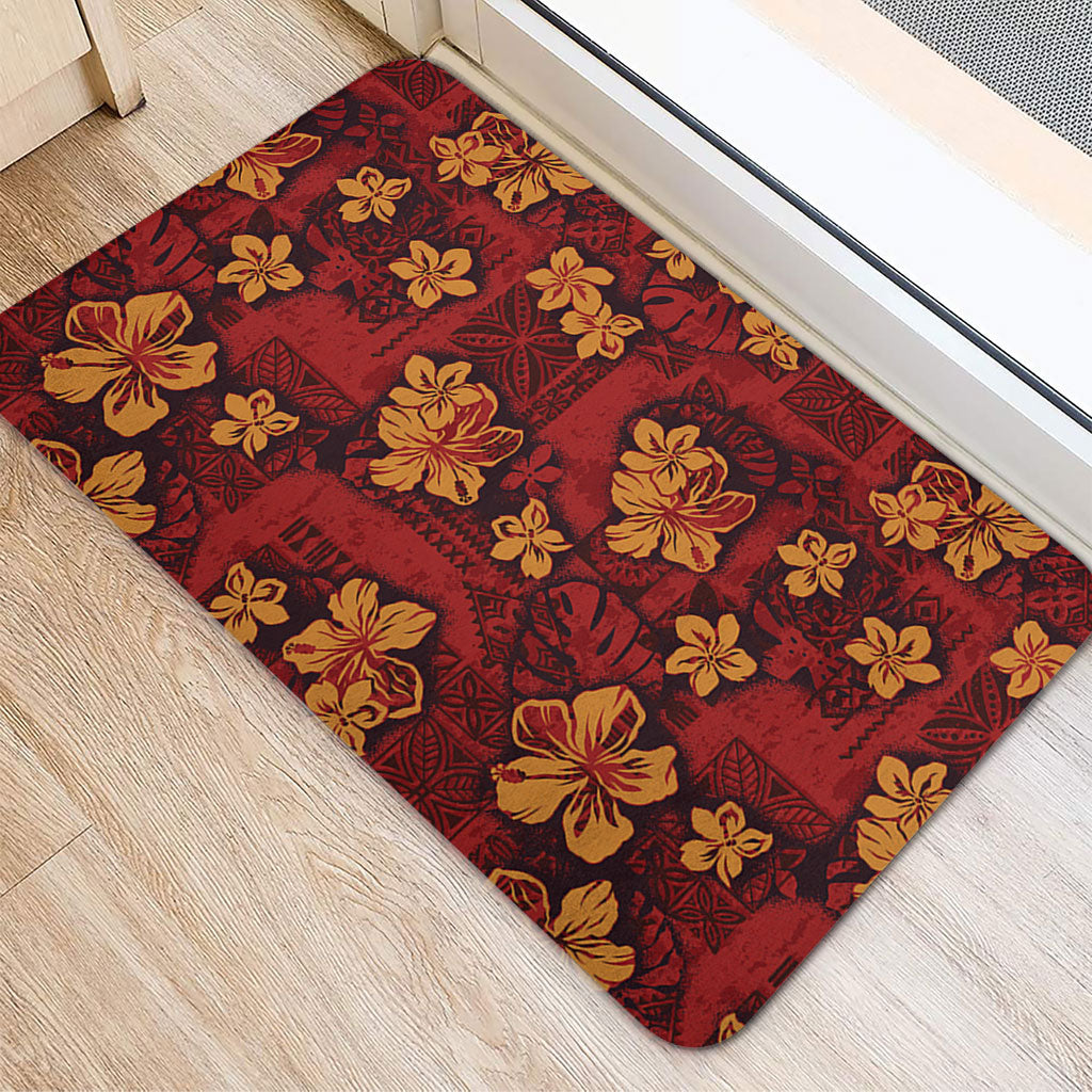 Hawaii Door Mat Polynesian Tribal And Hibiscus Vintage Red Gold
