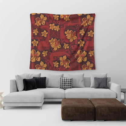 Hawaii Tapestry Polynesian Tribal And Hibiscus Vintage Red Gold