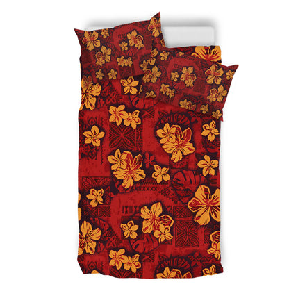 Hawaii Bedding Set Polynesian Tribal And Hibiscus Vintage Red Gold