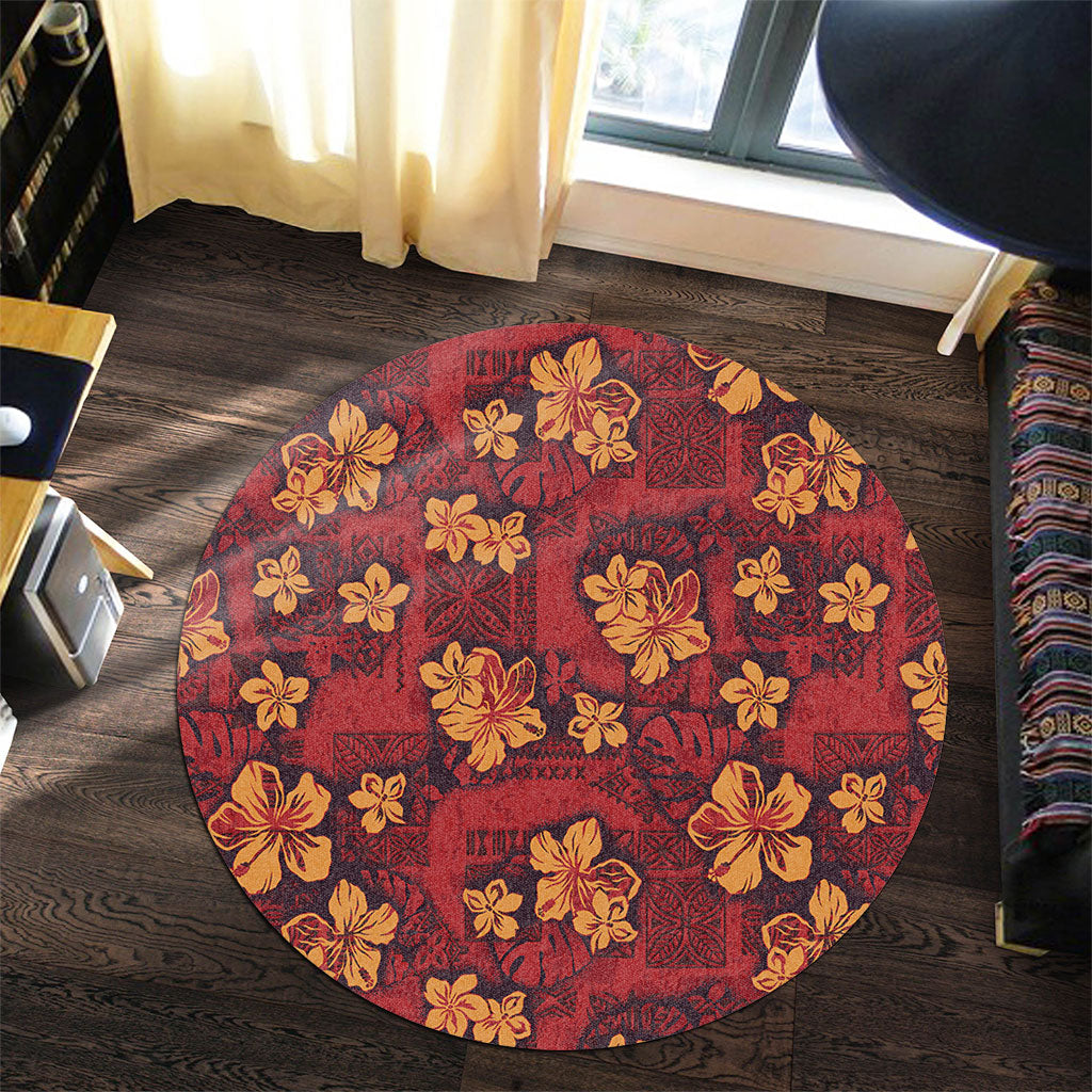 Hawaii Round Rug Polynesian Tribal And Hibiscus Vintage Red Gold