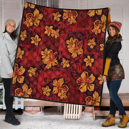 Hawaii Premium Quilt Polynesian Tribal And Hibiscus Vintage Red Gold