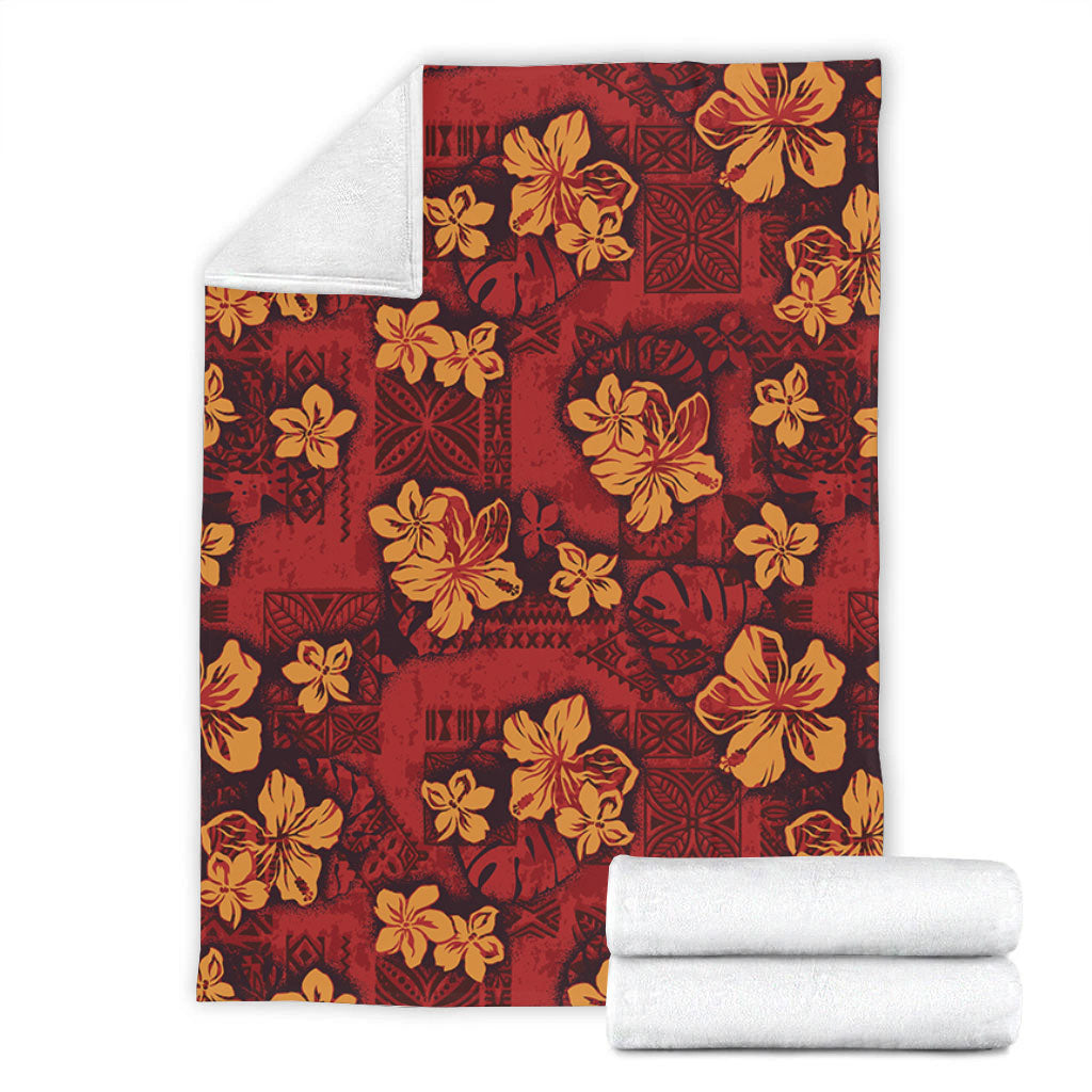 Hawaii Premium Blanket Polynesian Tribal And Hibiscus Vintage Red Gold
