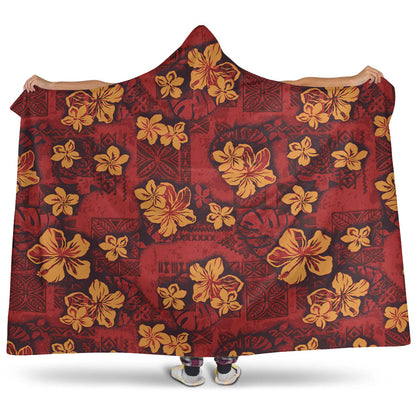 Hawaii Hooded Blanket Polynesian Tribal And Hibiscus Vintage Red Gold