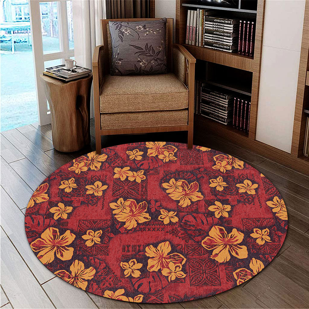 Hawaii Round Rug Polynesian Tribal And Hibiscus Vintage Red Gold