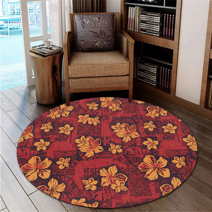 Hawaii Round Rug Polynesian Tribal And Hibiscus Vintage Red Gold