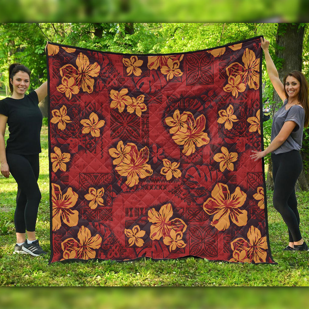 Hawaii Premium Quilt Polynesian Tribal And Hibiscus Vintage Red Gold