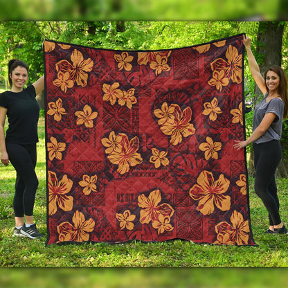 Hawaii Premium Quilt Polynesian Tribal And Hibiscus Vintage Red Gold