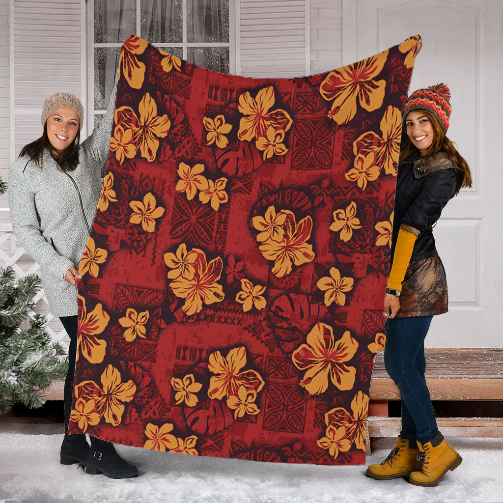 Hawaii Premium Blanket Polynesian Tribal And Hibiscus Vintage Red Gold
