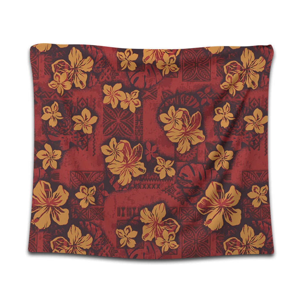 Hawaii Tapestry Polynesian Tribal And Hibiscus Vintage Red Gold