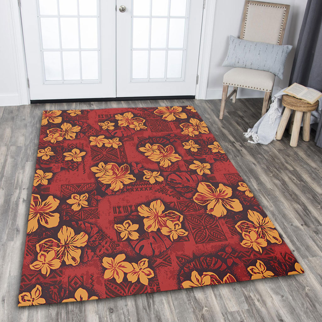 Hawaii Area Rug Polynesian Tribal And Hibiscus Vintage Red Gold