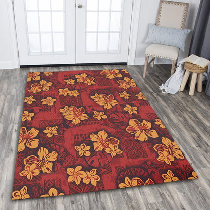 Hawaii Area Rug Polynesian Tribal And Hibiscus Vintage Red Gold
