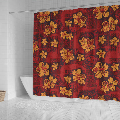 Hawaii Shower Curtain Polynesian Tribal And Hibiscus Vintage Red Gold
