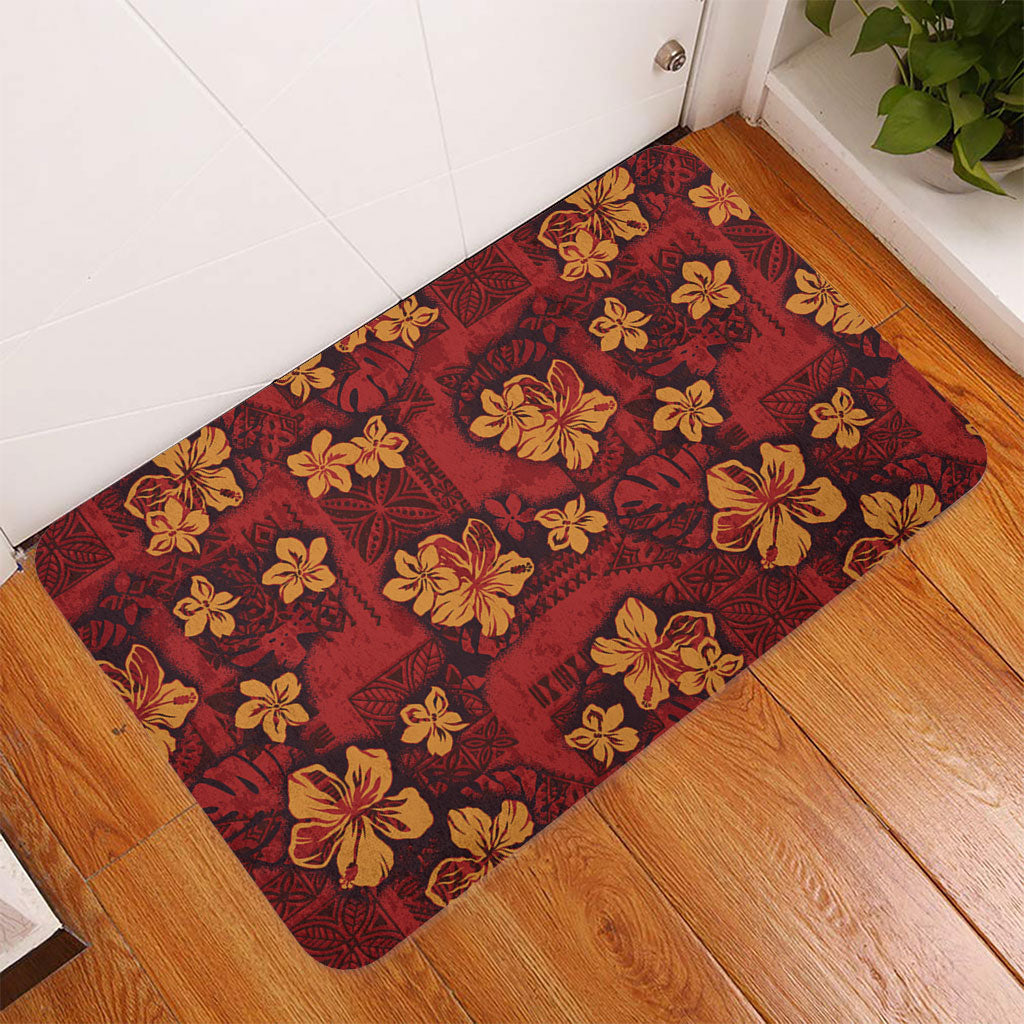 Hawaii Door Mat Polynesian Tribal And Hibiscus Vintage Red Gold