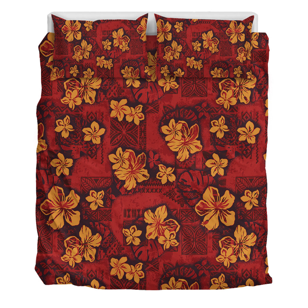 Hawaii Bedding Set Polynesian Tribal And Hibiscus Vintage Red Gold