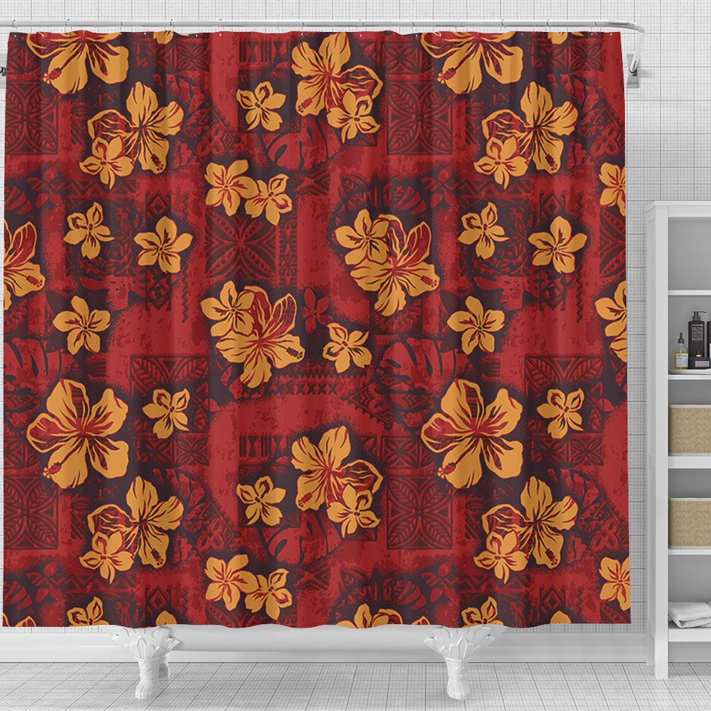 Hawaii Shower Curtain Polynesian Tribal And Hibiscus Vintage Red Gold